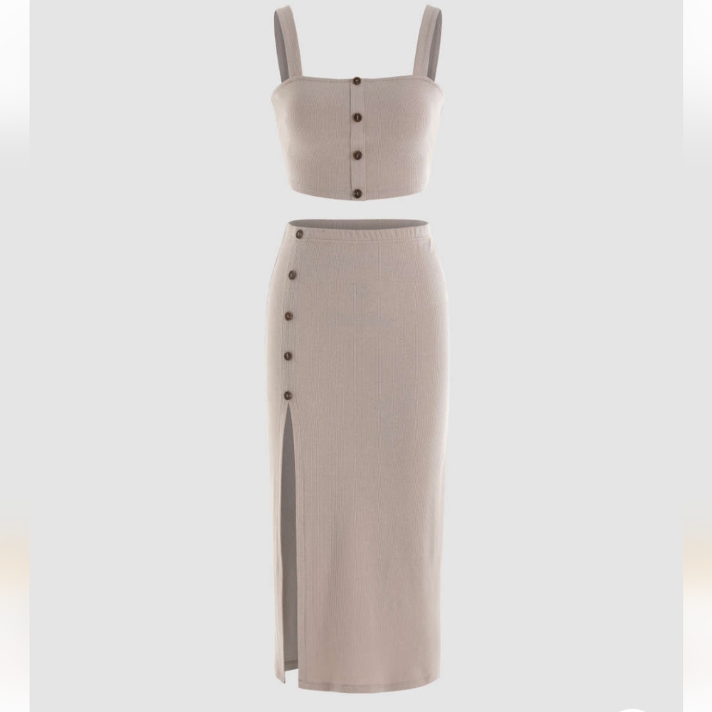 Solid Rib Tank Top & Slit Skirt Set